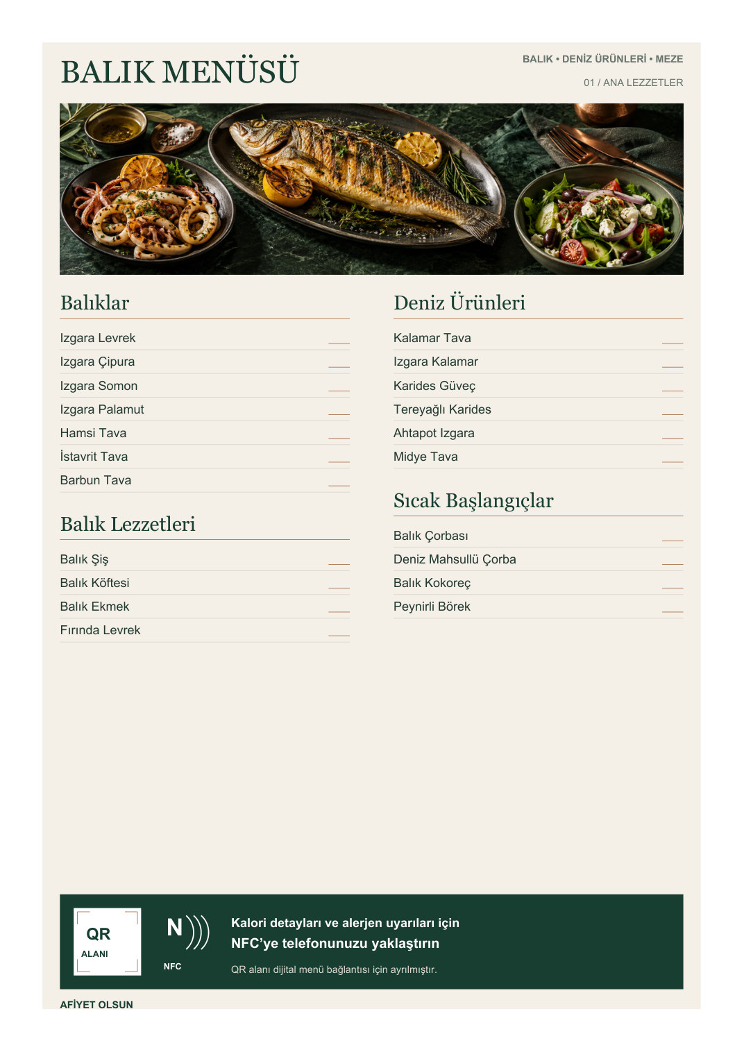 Balık Restaurant Menü A4 NFC ve QR Kodlu ön yüz