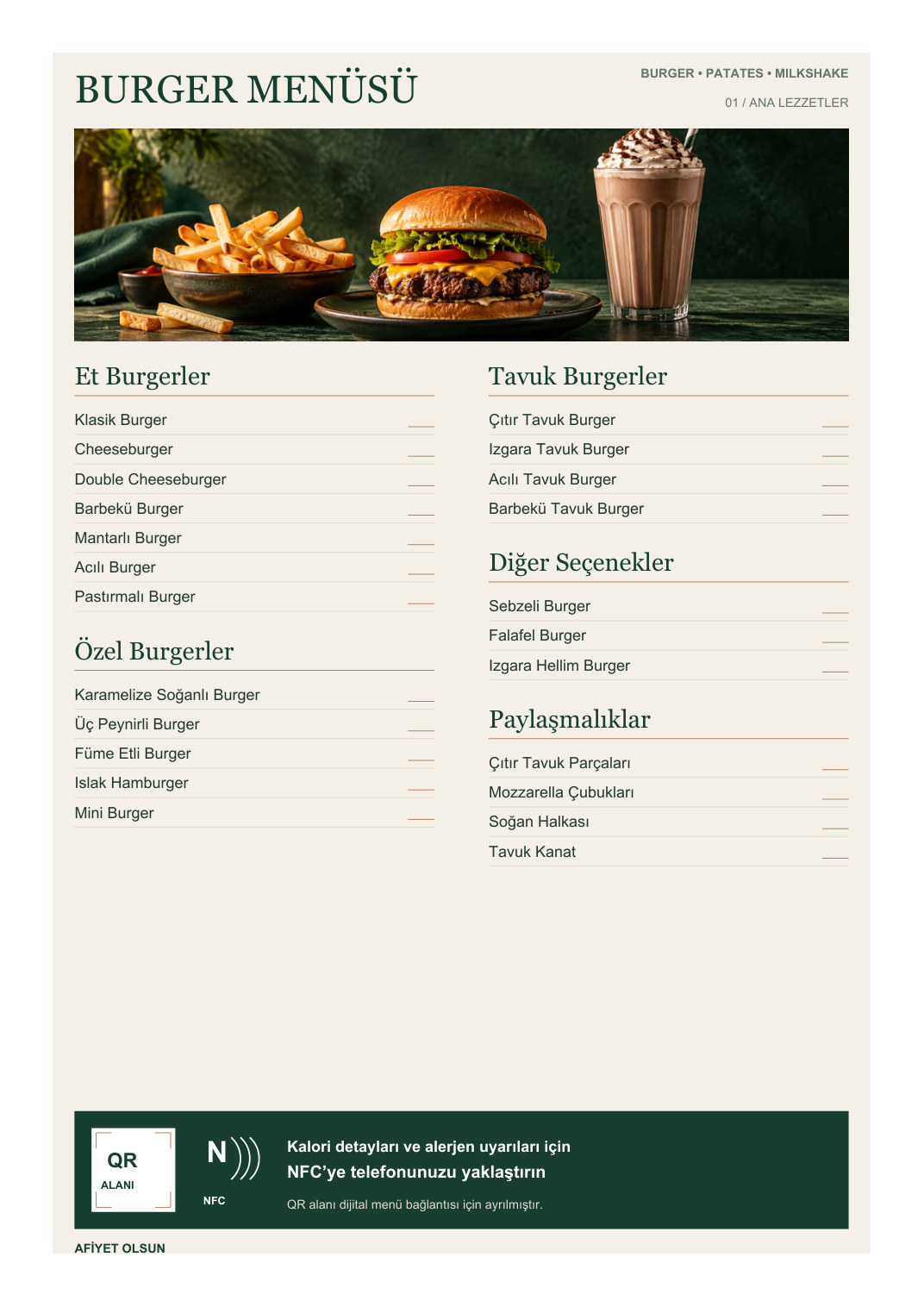 Burger Menü A4 NFC ve QR Kodlu ön yüz
