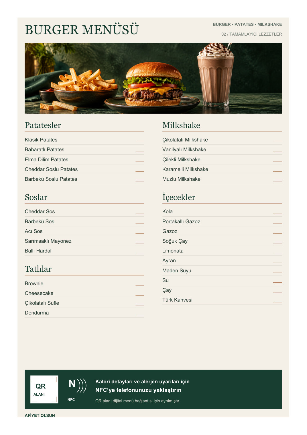 Burger Menü A4 NFC ve QR Kodlu arka yüz
