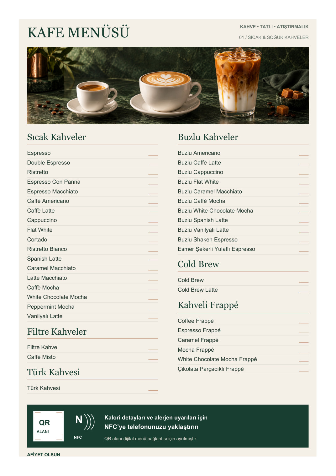 Cafe Kahve Menü A4 NFC ve QR Kodlu ön yüz