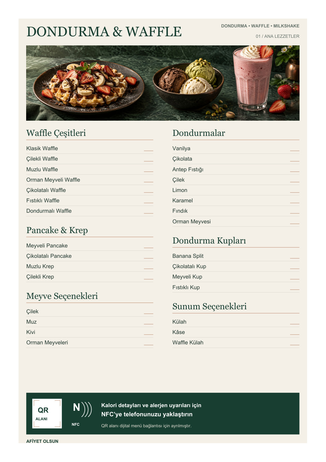 Dondurma ve Waffle Menü A4 NFC ve QR Kodlu ön yüz