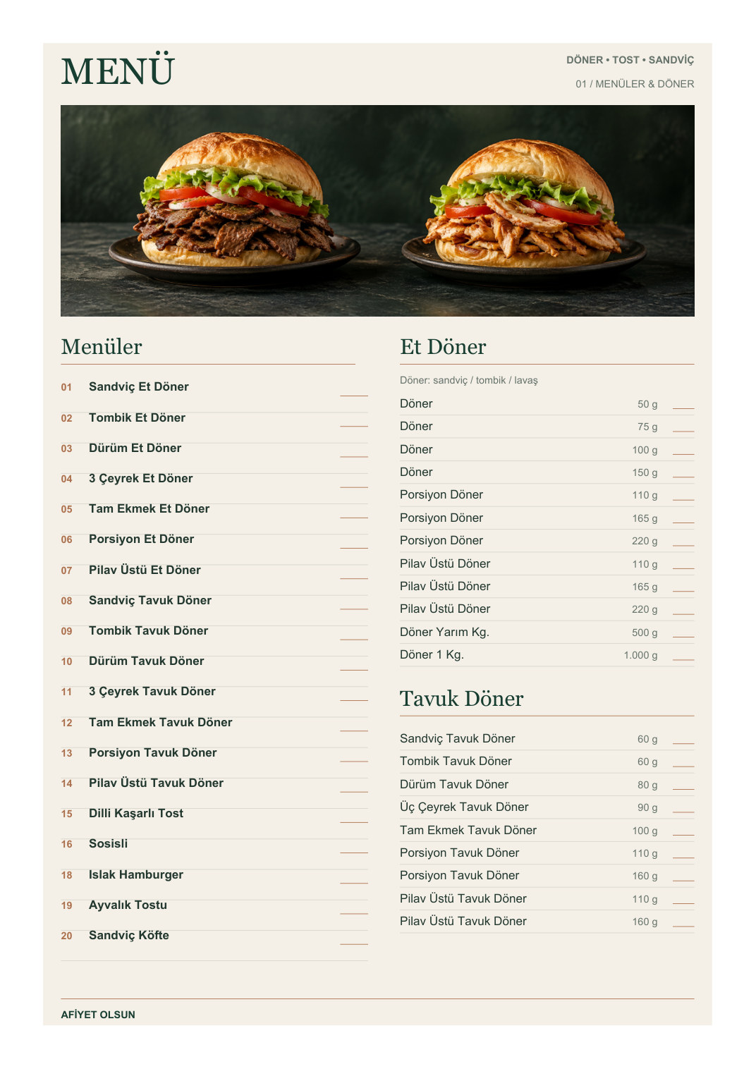 Döner Cafe Menü A4 NFC ve QR Kodlu ön yüz