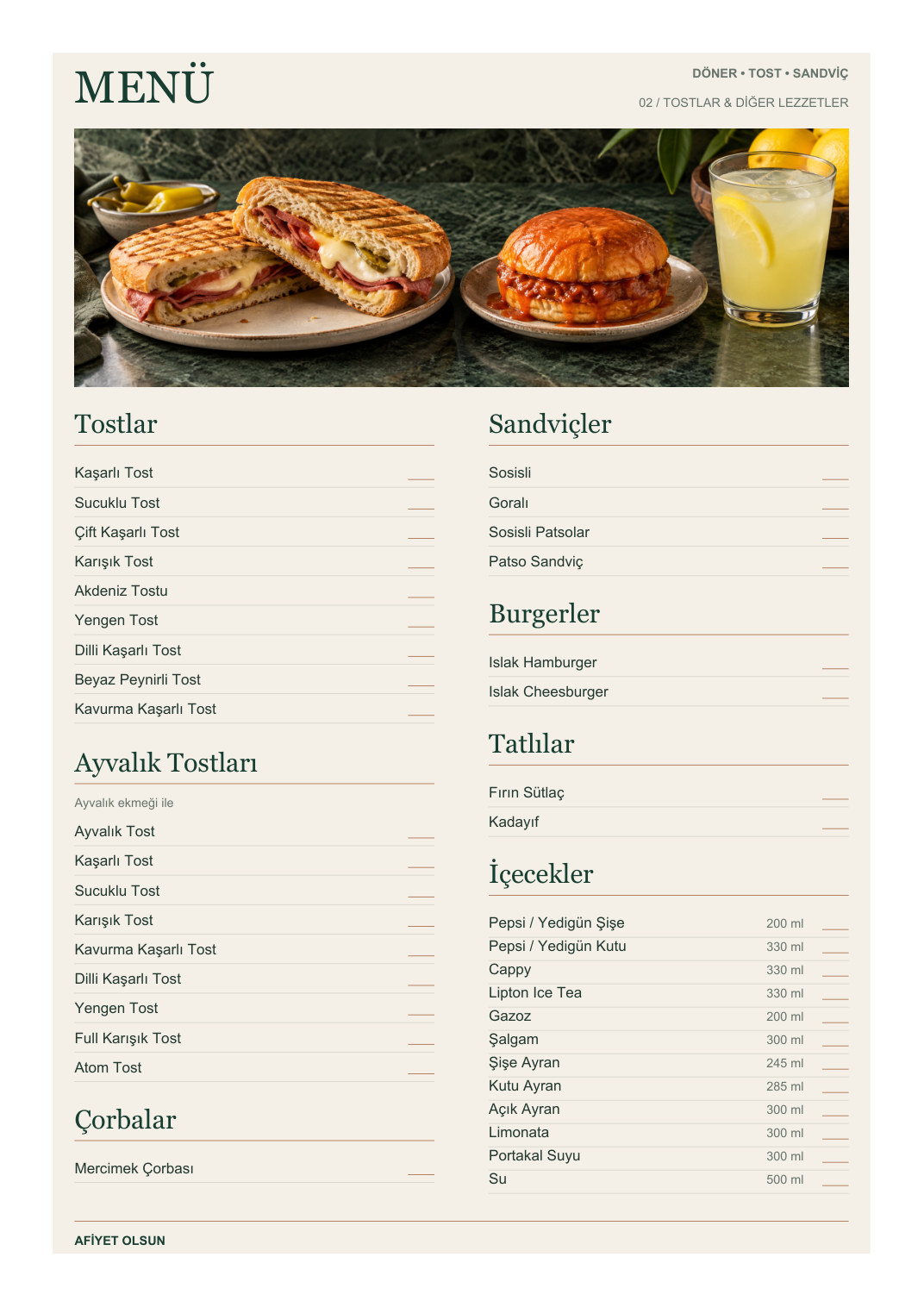 Döner Cafe Menü A4 NFC ve QR Kodlu arka yüz