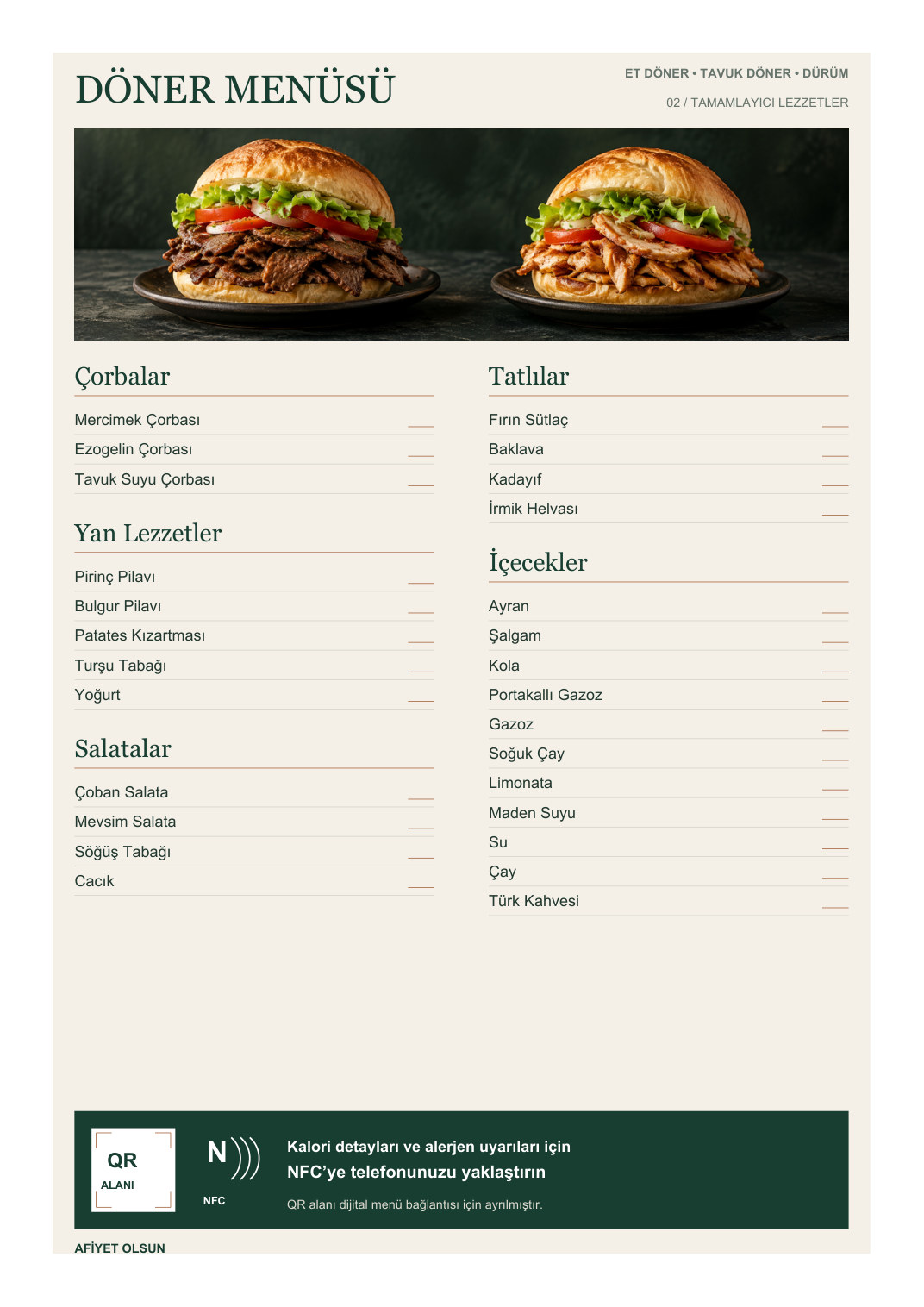 Döner Menü A4 NFC ve QR Kodlu arka yüz
