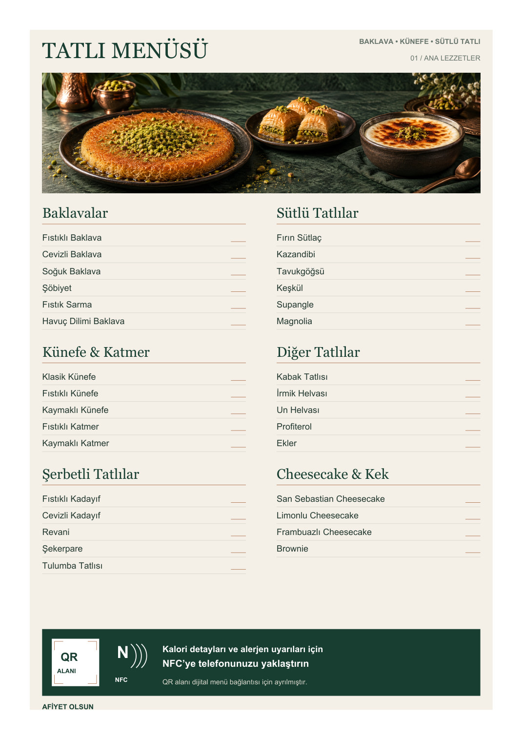 Tatlı Menü A4 NFC ve QR Kodlu ön yüz