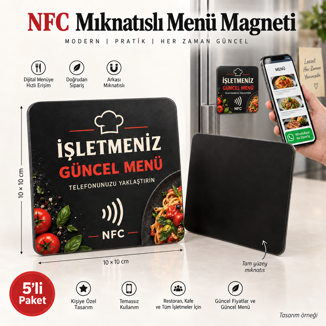 NFC Mıknatıslı Menü Magneti 10 × 10 cm – 5’li Paket: NFC ön yüz, mıknatıslı arka yüz ve telefonda menü örneği