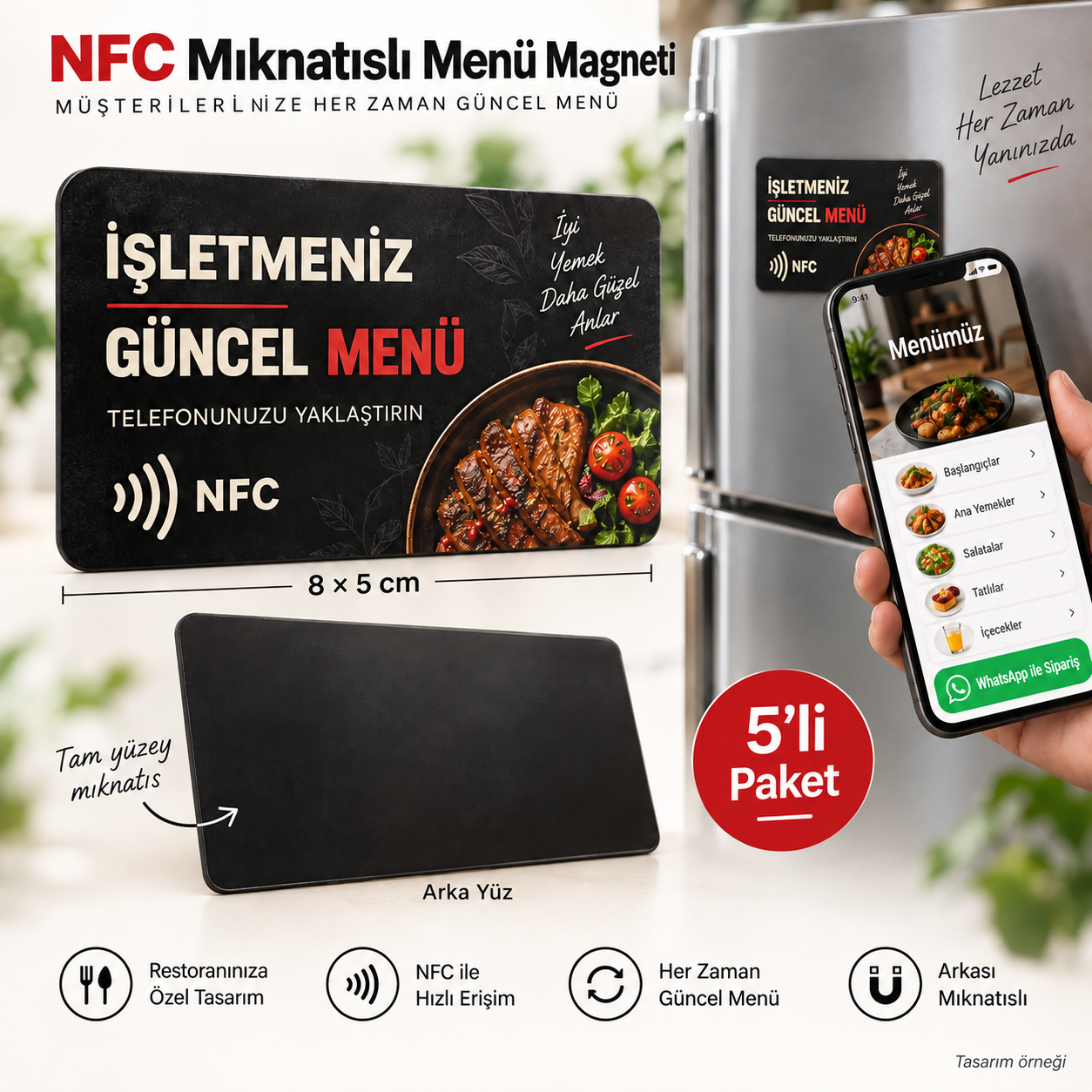 NFC Mıknatıslı Menü Magneti 8 × 5 cm – 5’li Paket tasarım örneği