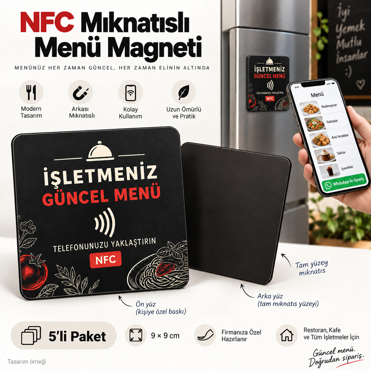NFC Mıknatıslı Menü Magneti 9 × 9 cm – 5’li Paket: NFC ön yüz, mıknatıslı arka yüz ve telefonda menü örneği