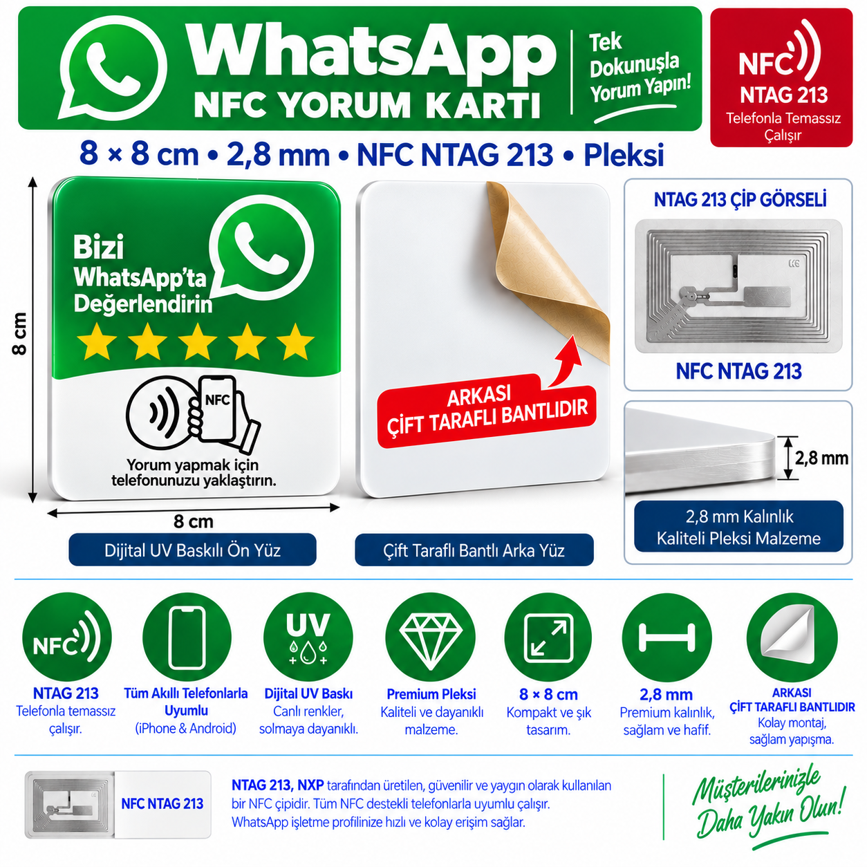 WhatsApp NFC İletişim Pleksi Kartı 8x8 cm
