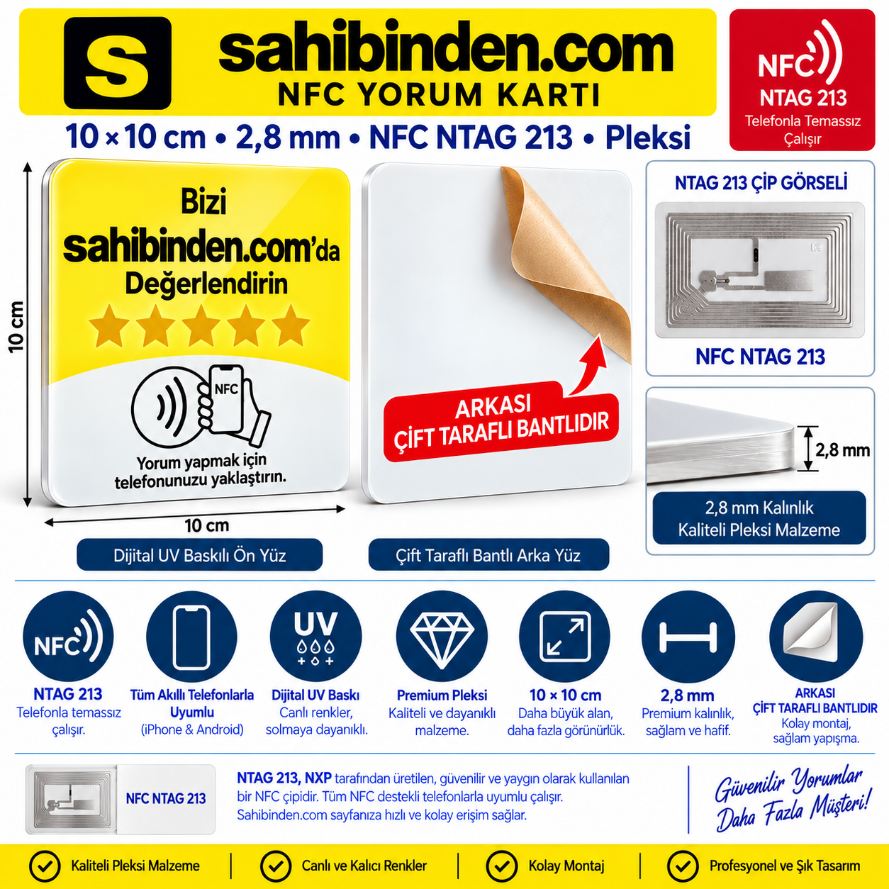 10x10 cm Yapışkanlı Sahibinden NFC Pleksi Kartı