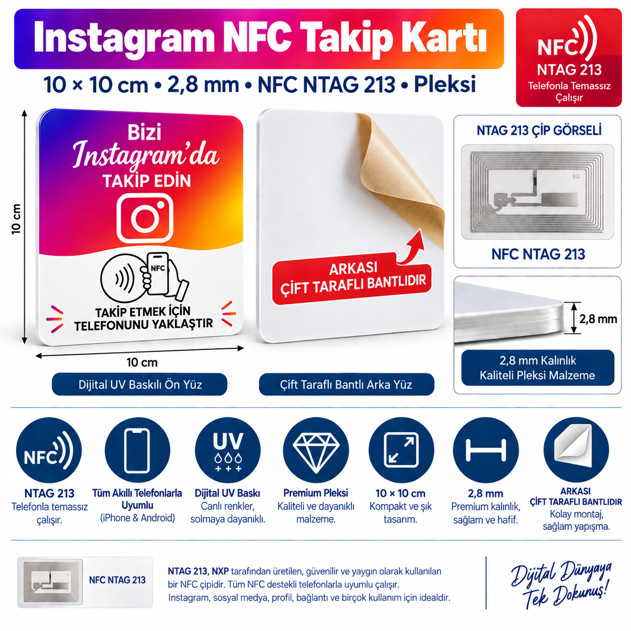 10x10 cm Yapışkanlı Instagram NFC Takip Pleksi Kartı