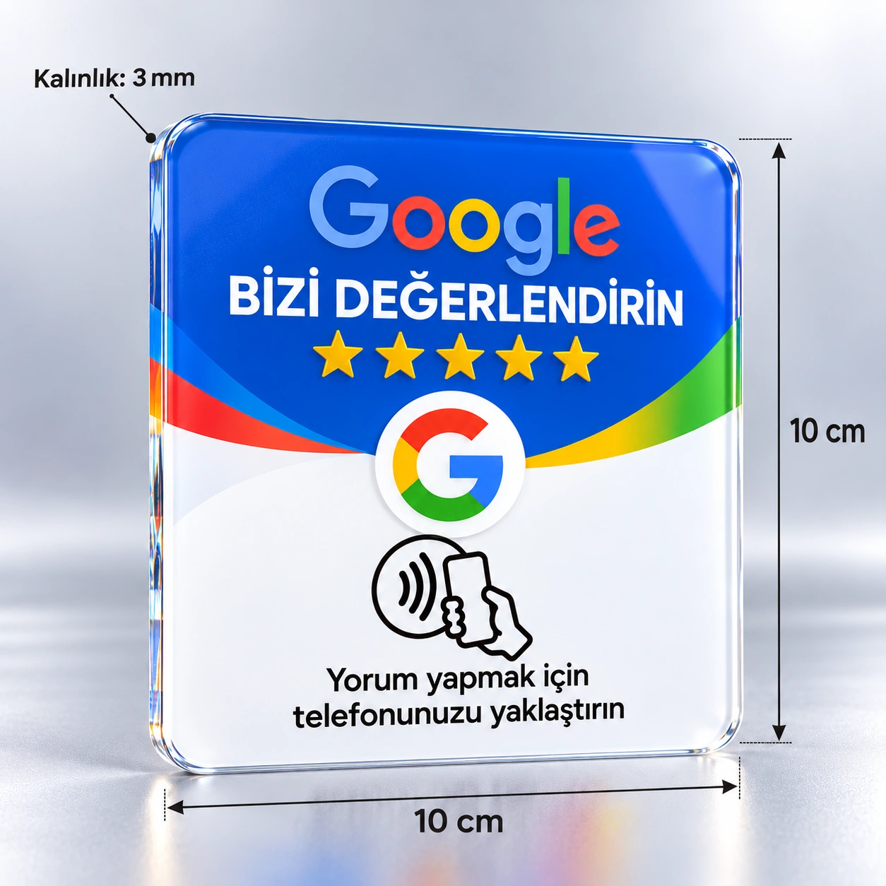 Premium Cam Görünümlü Google Yorum NFC Kartı - 10x10 cm, 10x10 cm ve 3 mm kalınlık