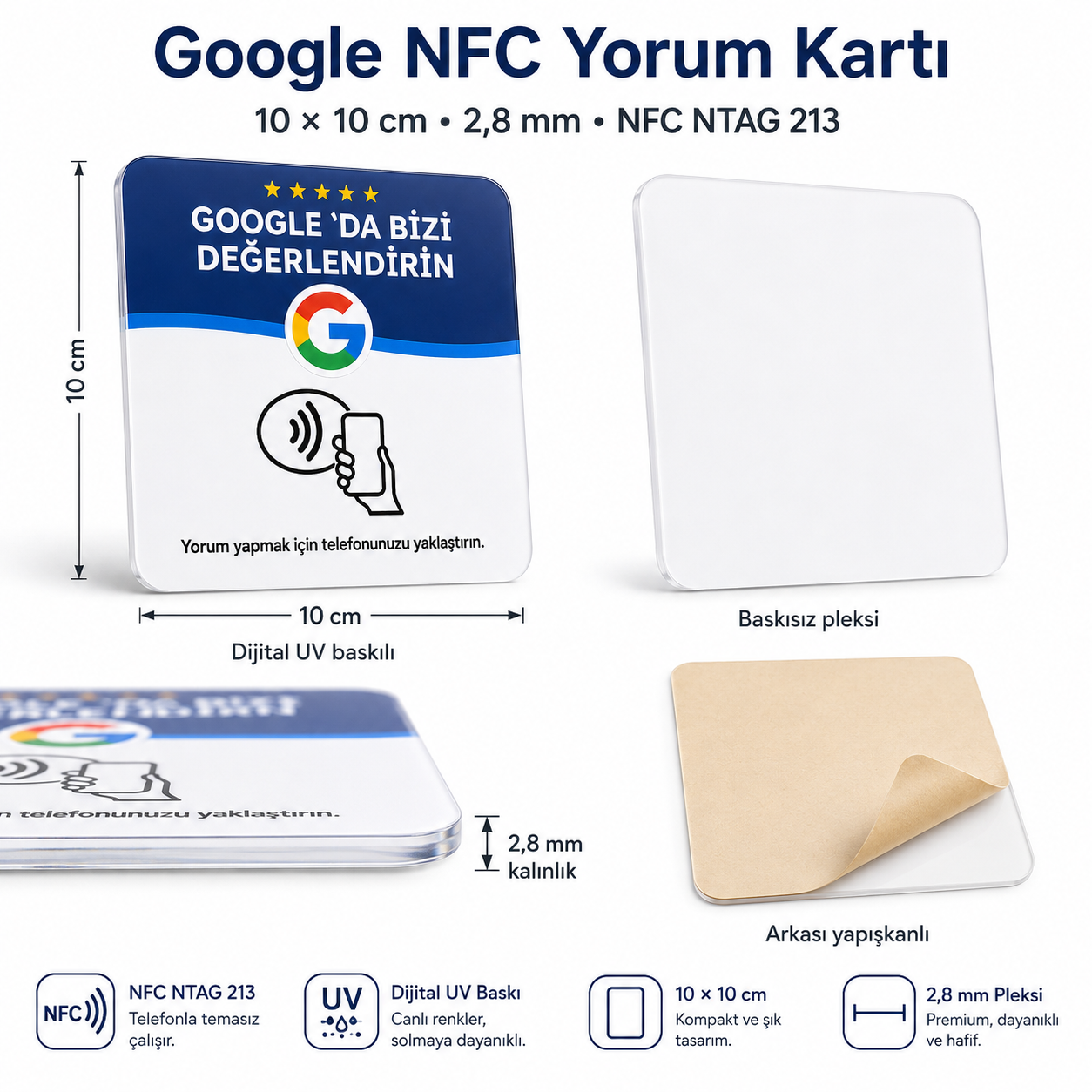 Google Yorum NFC Pleksi Kart 10×10 cm — tasarım örneği