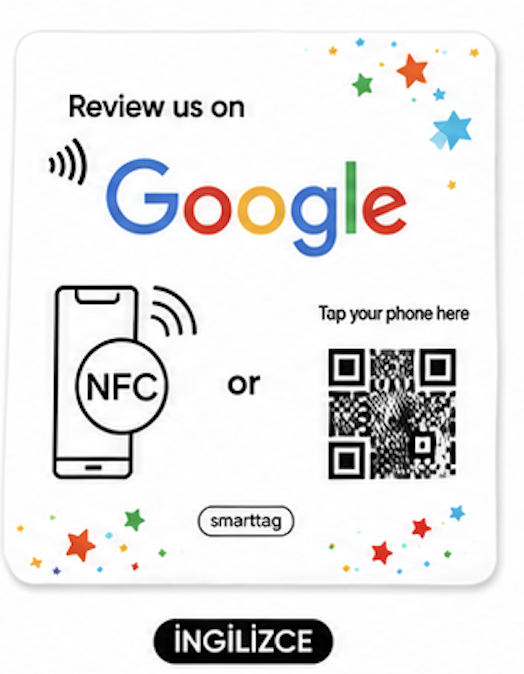 5x5 cm Epoksi Kaplı Damla Etiketli 3B Görünümlü NFC + QR Google Review Card – English