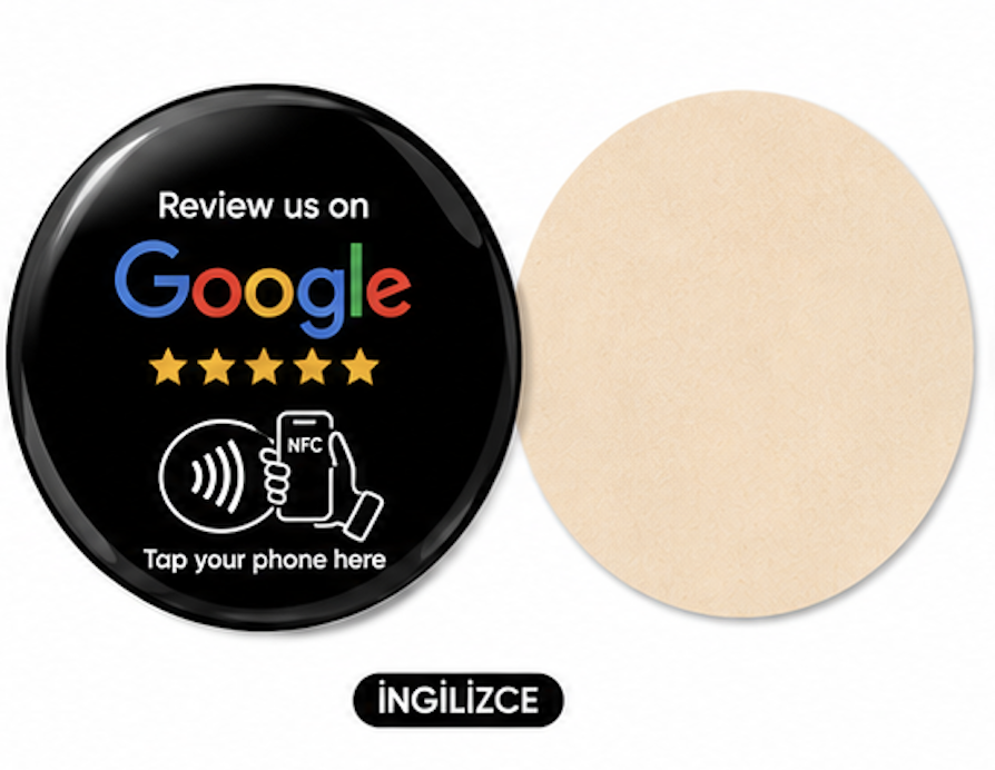 5x5 cm Epoksi Kaplı Damla Etiketli 3B Görünümlü NFC Google Review Card – Round Black English