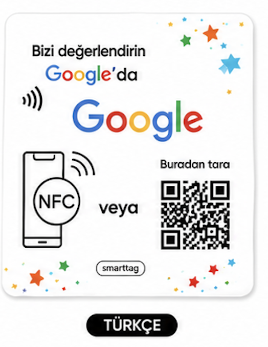 5x5 cm Epoksi Kaplı Damla Etiketli 3B Görünümlü NFC + QR Google Yorum Kartı – Türkçe